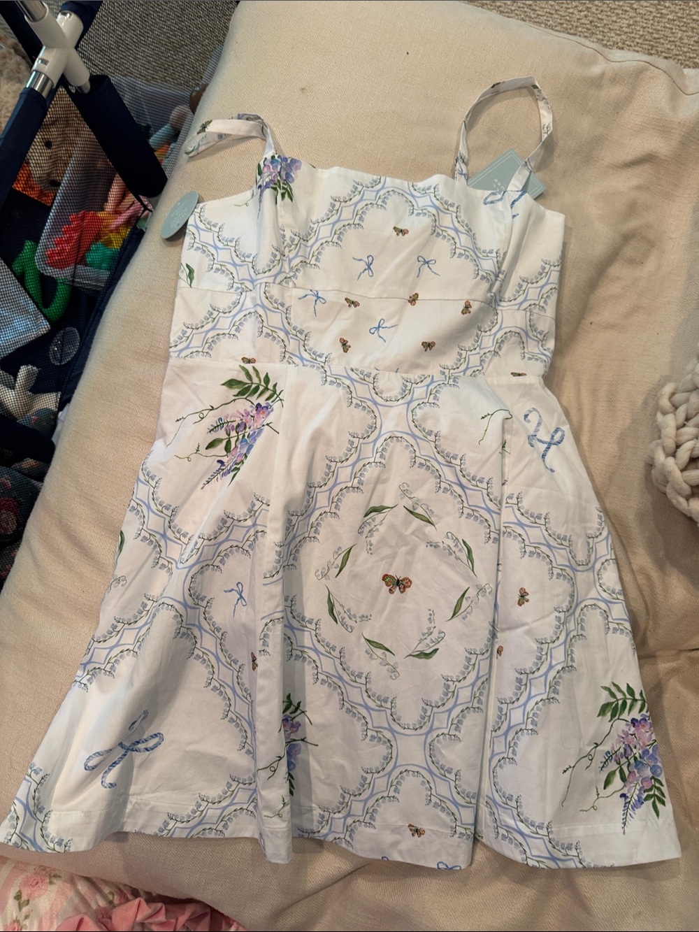 Hill House White Sundress with Blue Motif & Floral Accents